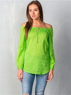 Cotton Daisy Green Off Shoulder Blouse Boho Flowy Peasant Top